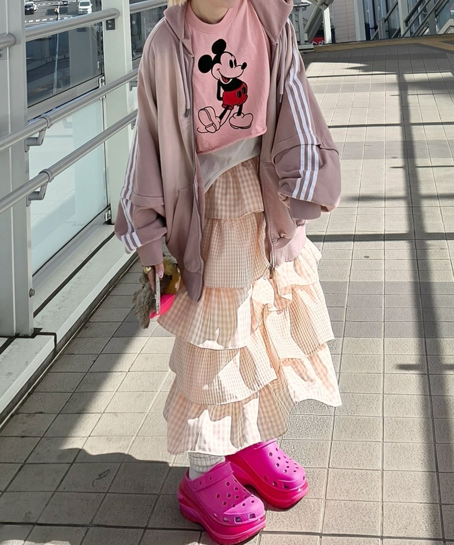 ティアードギンガムボリュームスカート【ピンク】