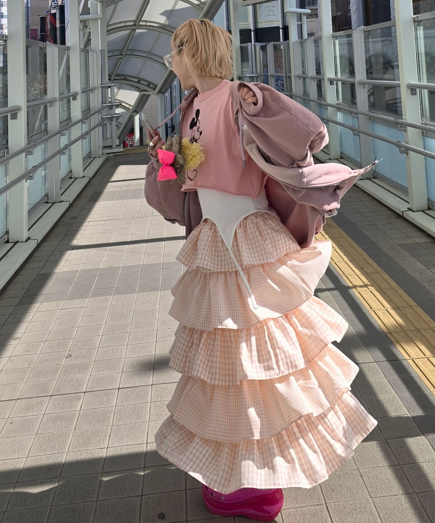 ティアードギンガムボリュームスカート【ピンク】