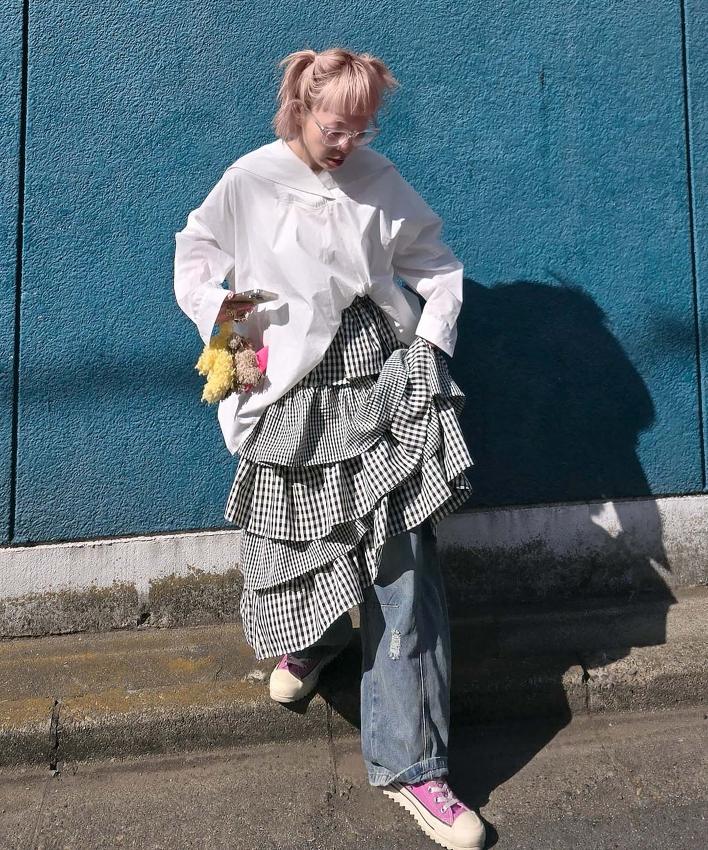 ティアードギンガムボリュームスカート【ブラック】