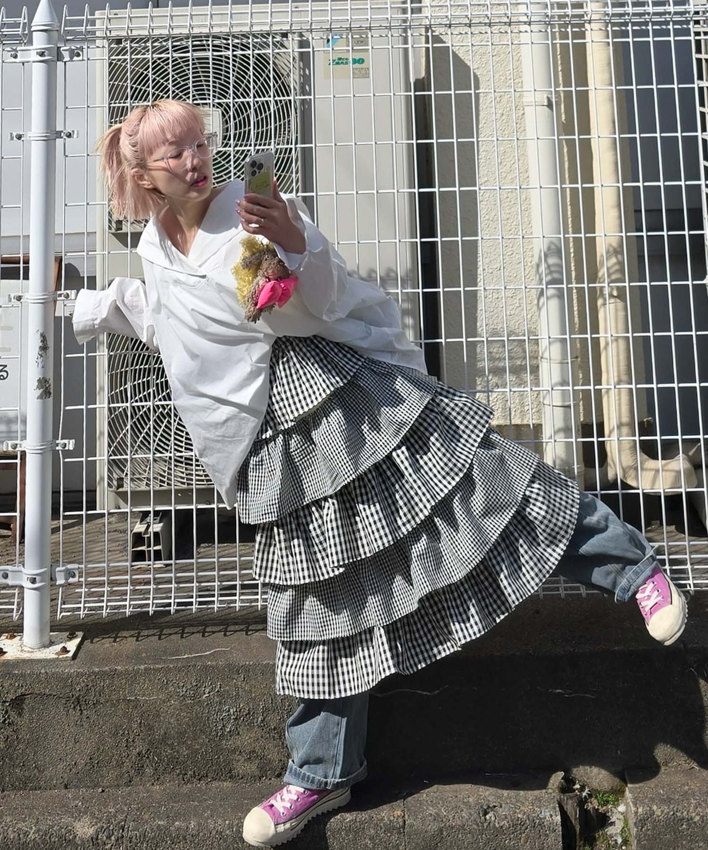 ティアードギンガムボリュームスカート【ブラック】