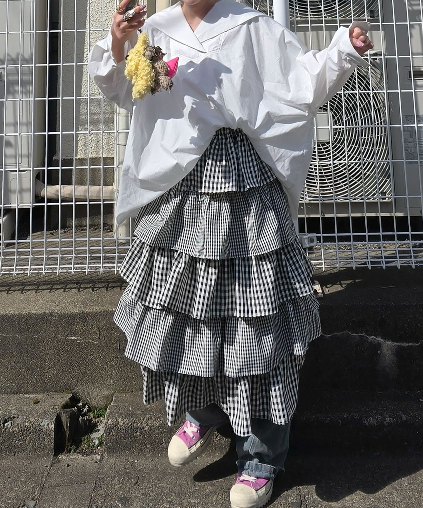 ティアードギンガムボリュームスカート【ブラック】