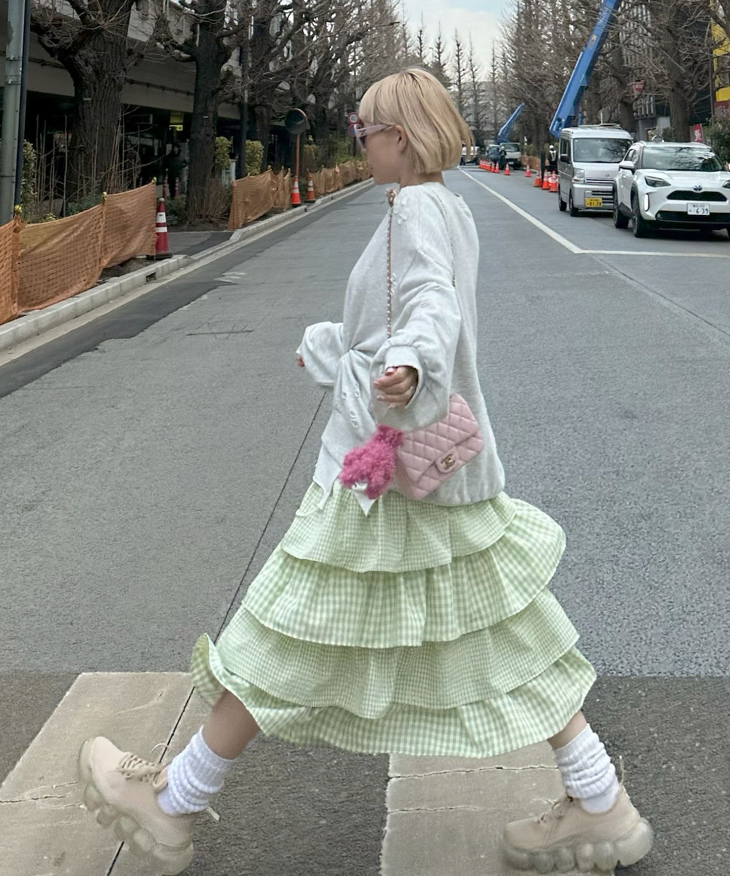 ティアードギンガムボリュームスカート【グリーン】