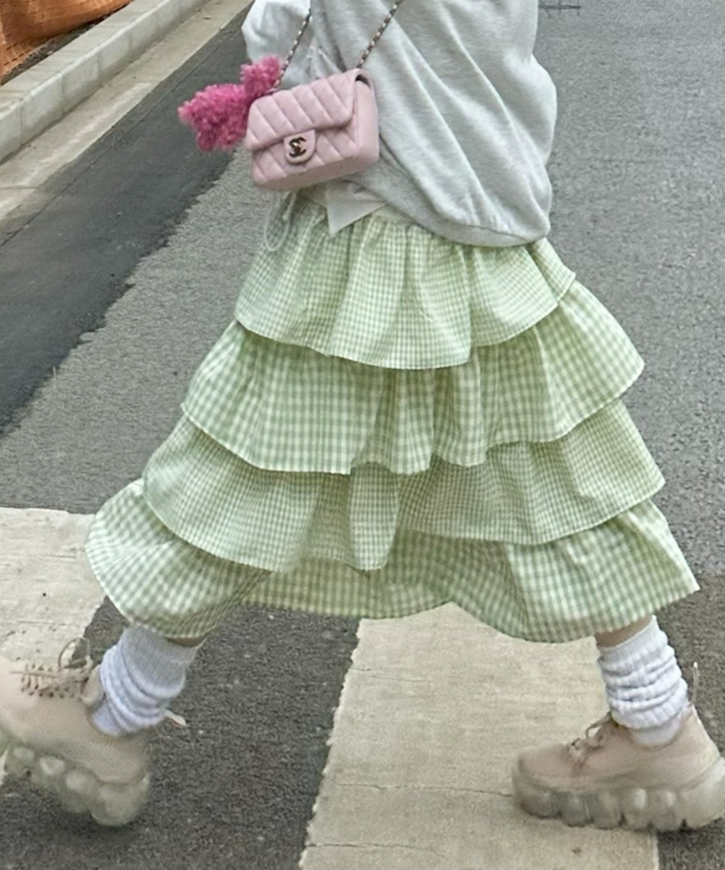 ティアードギンガムボリュームスカート【グリーン】