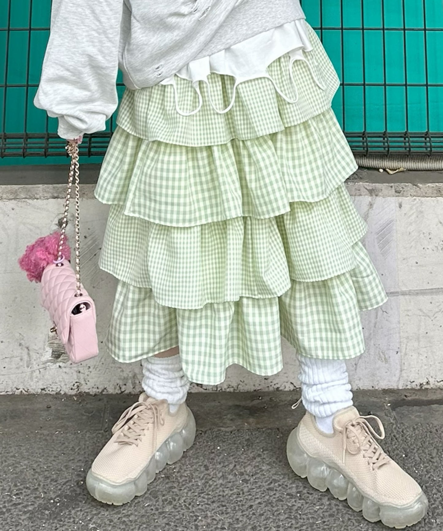 ティアードギンガムボリュームスカート【グリーン】