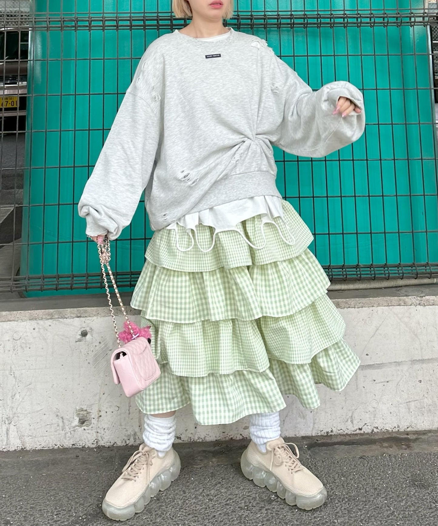 ティアードギンガムボリュームスカート【グリーン】