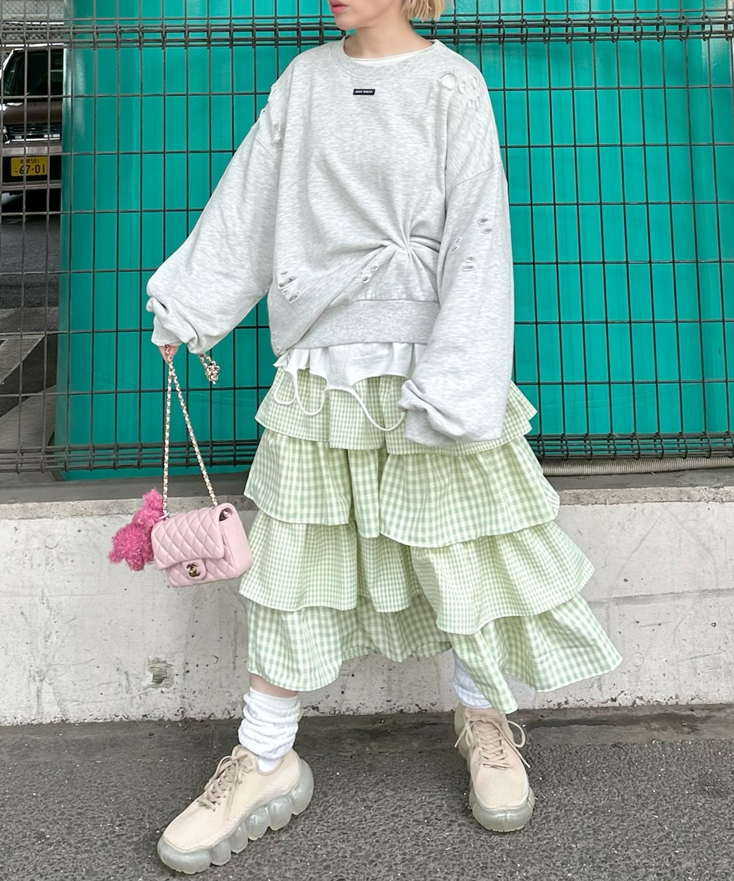 ティアードギンガムボリュームスカート【グリーン】