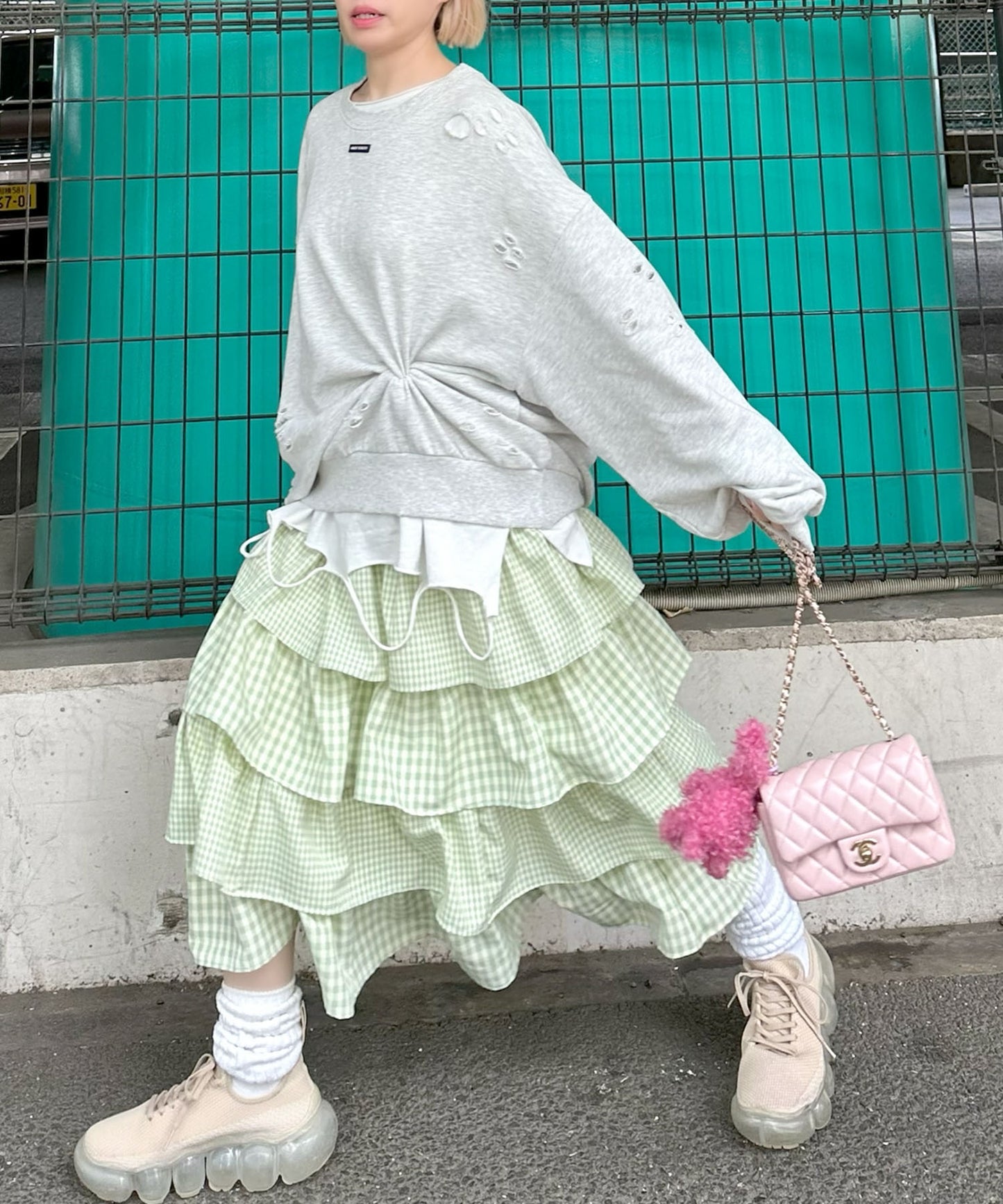 ティアードギンガムボリュームスカート【グリーン】