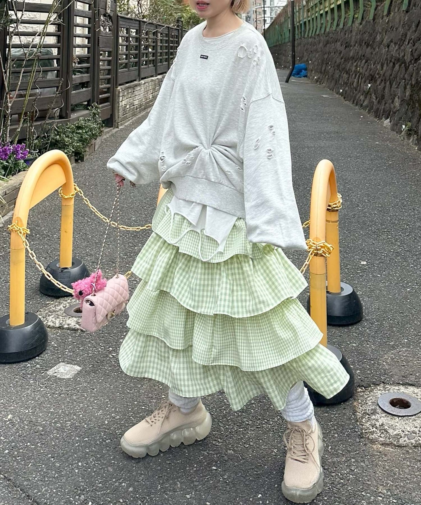 ティアードギンガムボリュームスカート【グリーン】