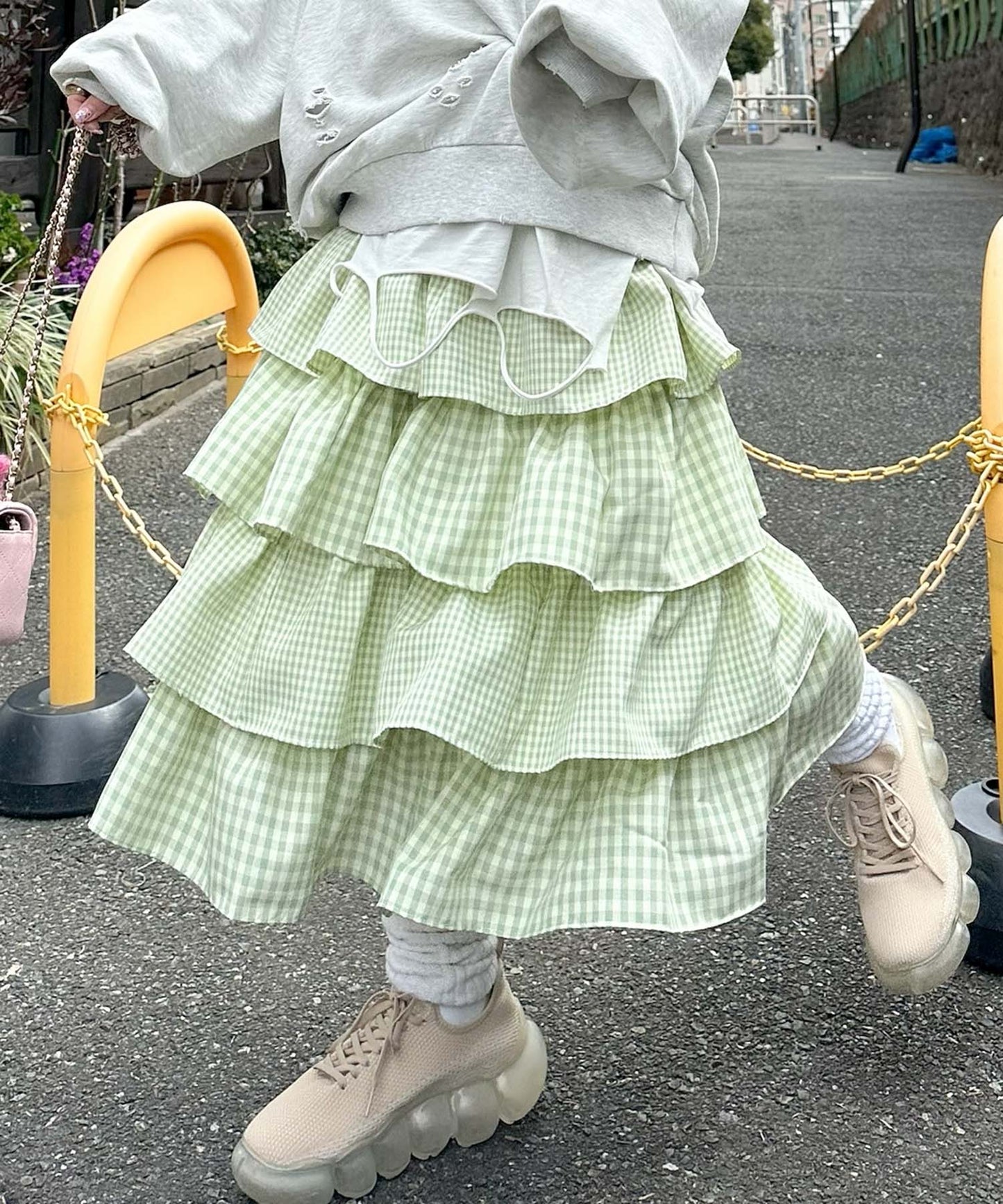 ティアードギンガムボリュームスカート【グリーン】