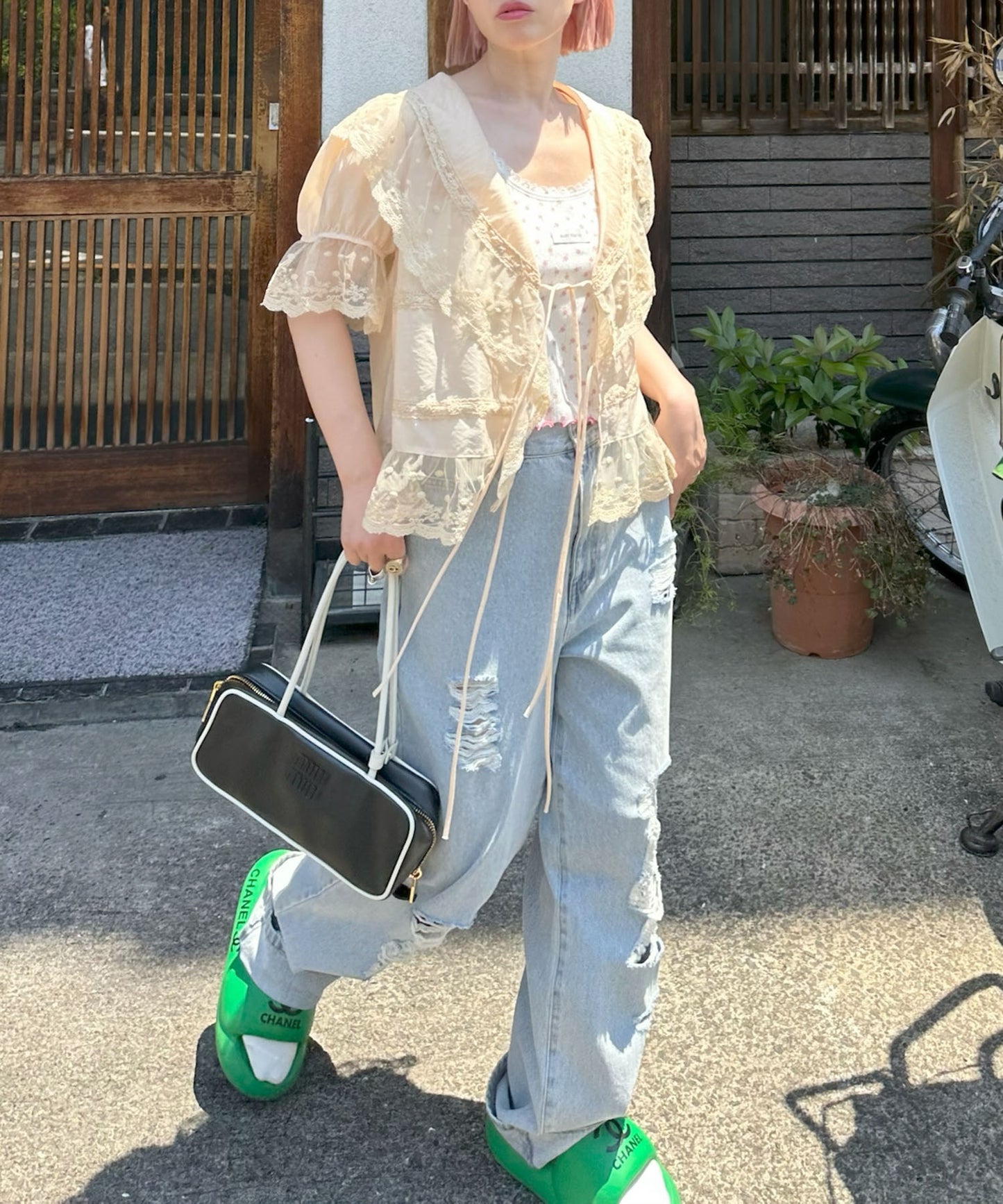 フリル＆レース半袖ブラウス【ベージュ】