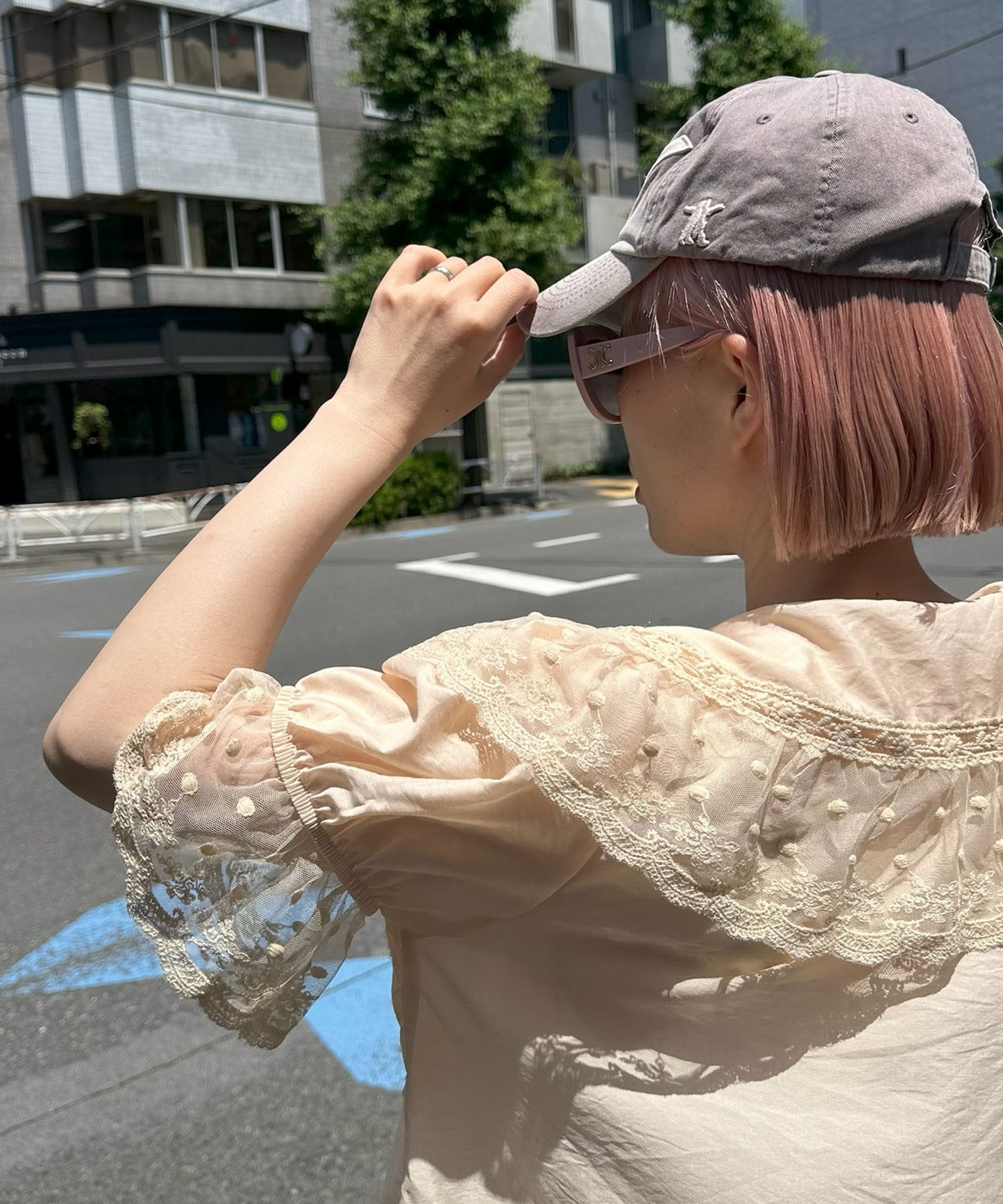 フリル＆レース半袖ブラウス【ベージュ】