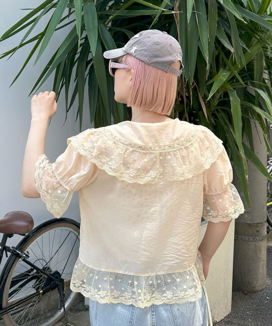 フリル＆レース半袖ブラウス【ベージュ】