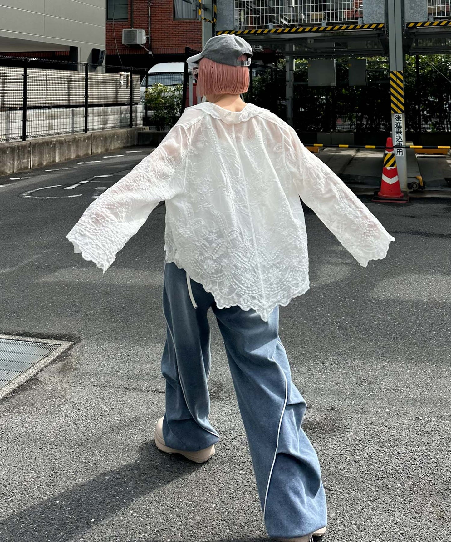 パイピングウォッシュ加工イージーパンツ【ブルー】