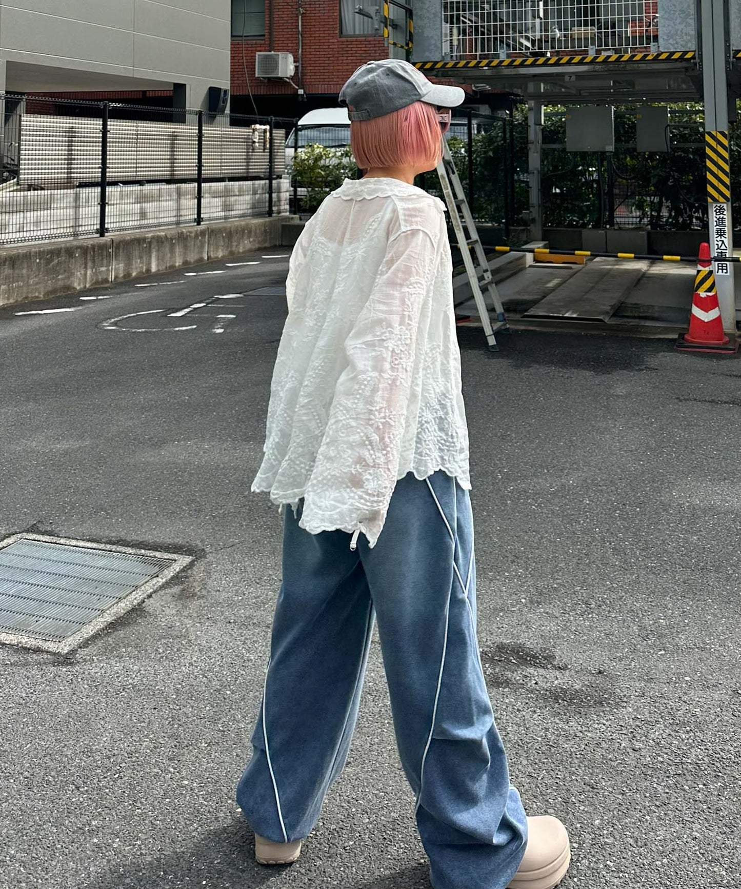 パイピングウォッシュ加工イージーパンツ【ブルー】