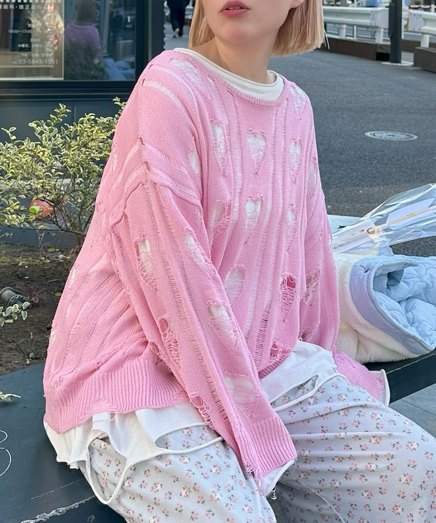 ハートダメージニットのnew【ピンク】