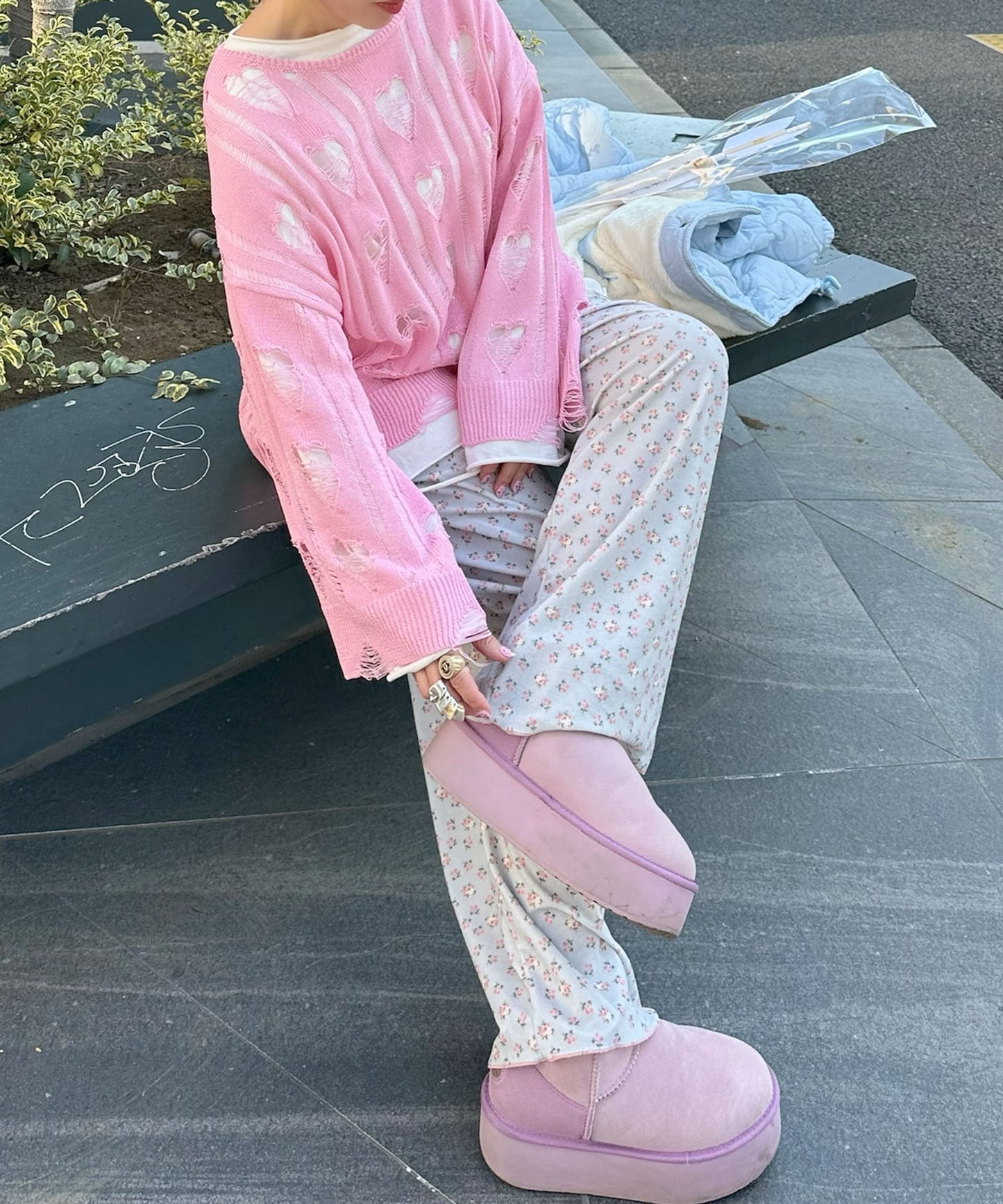 ハートダメージニットのnew【ピンク】