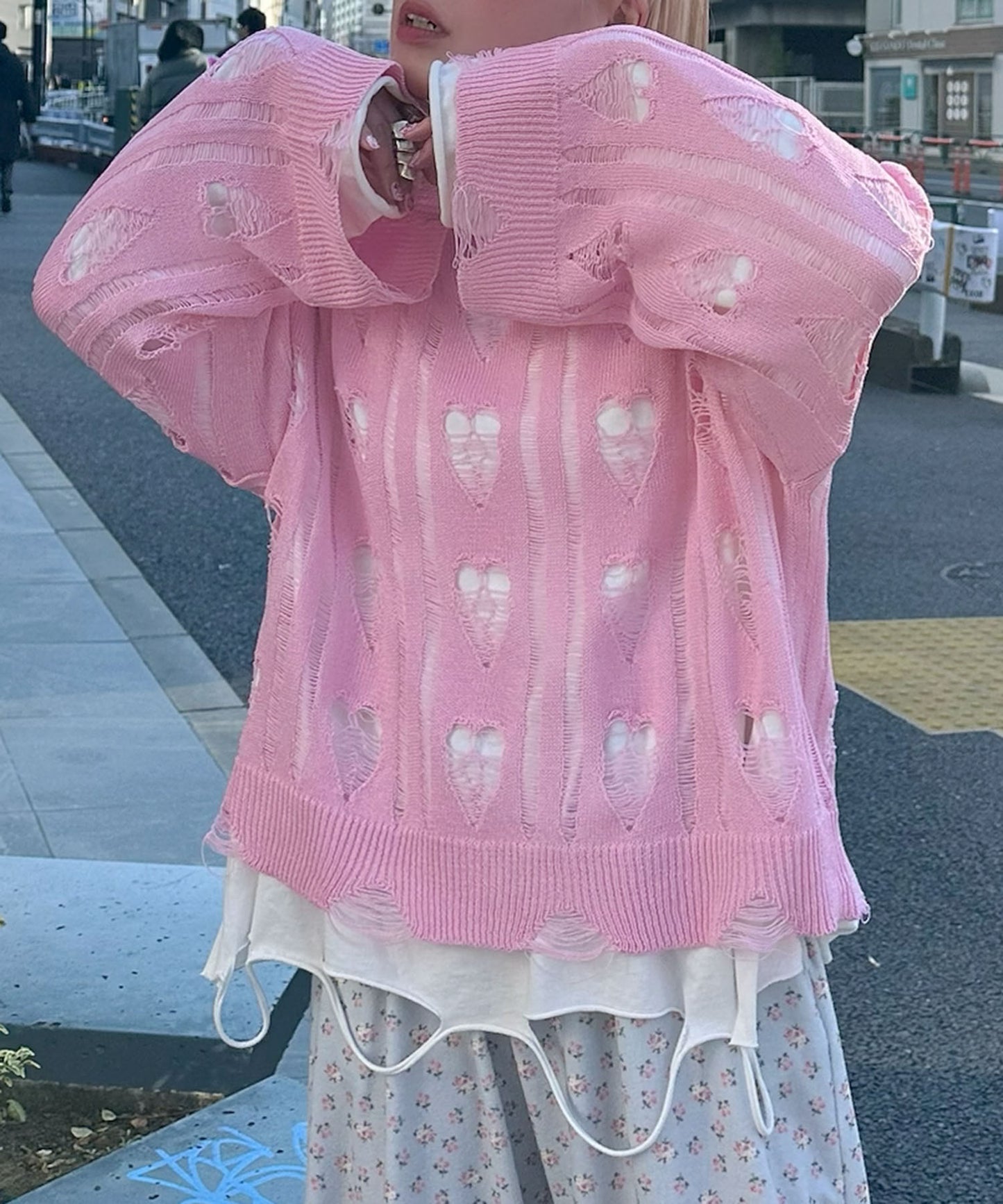 ハートダメージニットのnew【ピンク】