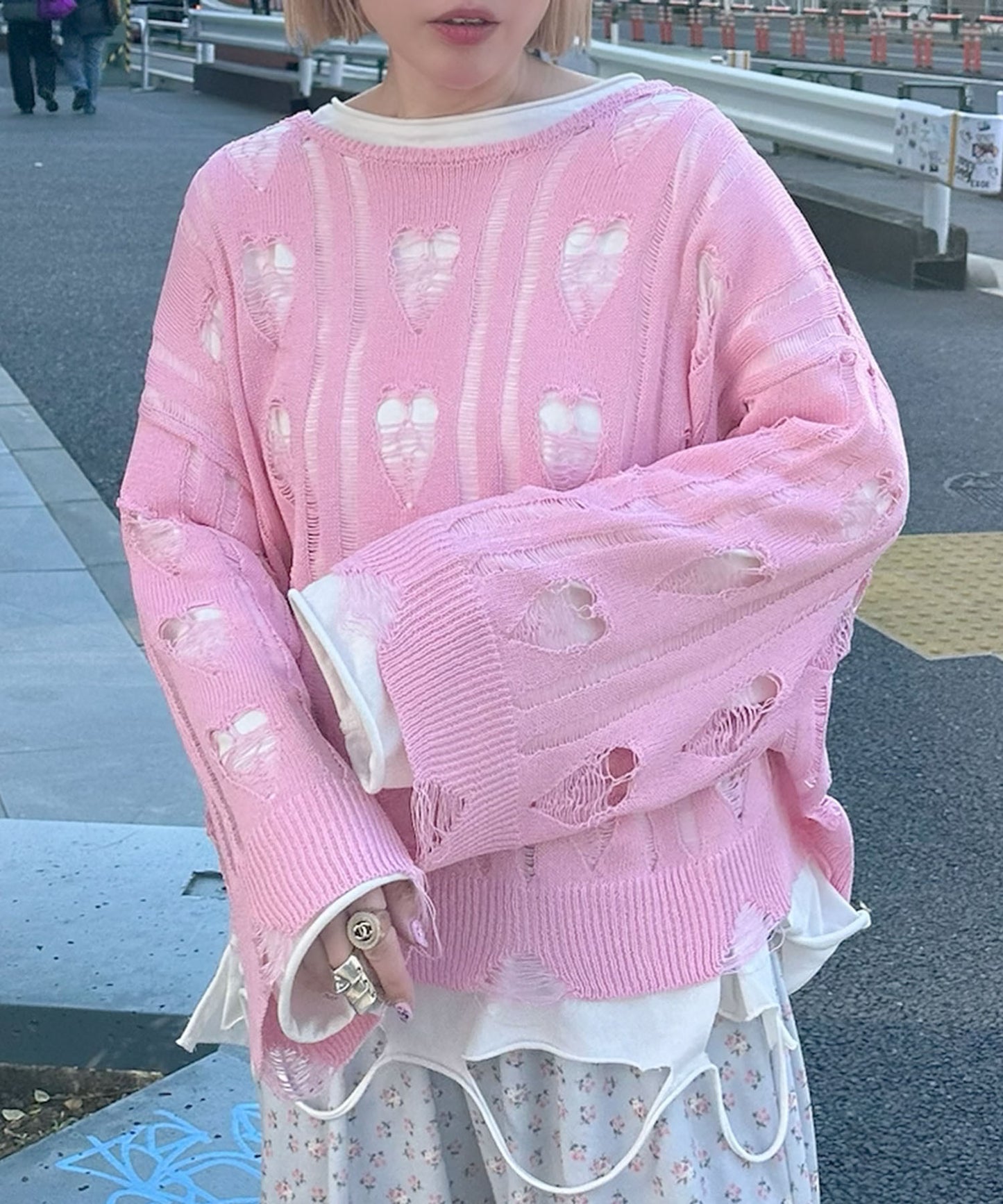 ハートダメージニットのnew【ピンク】