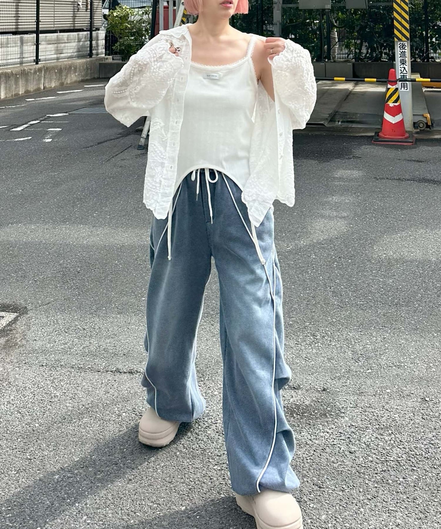 パイピングウォッシュ加工イージーパンツ【ブルー】