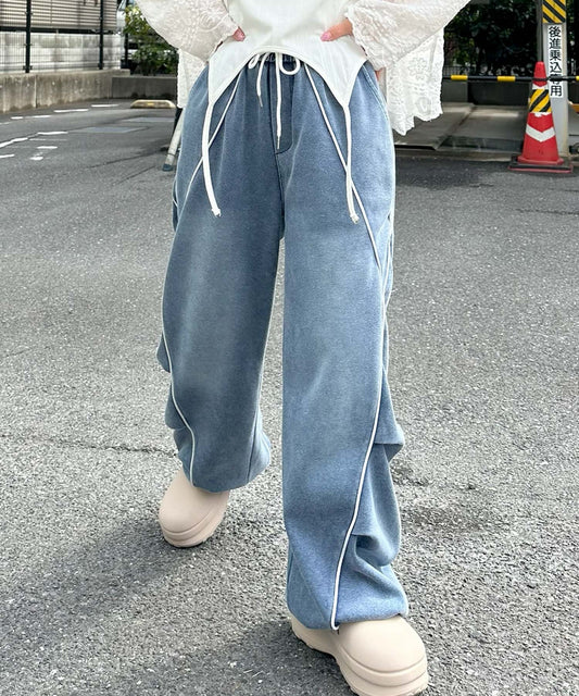 パイピングウォッシュ加工イージーパンツ【ブルー】