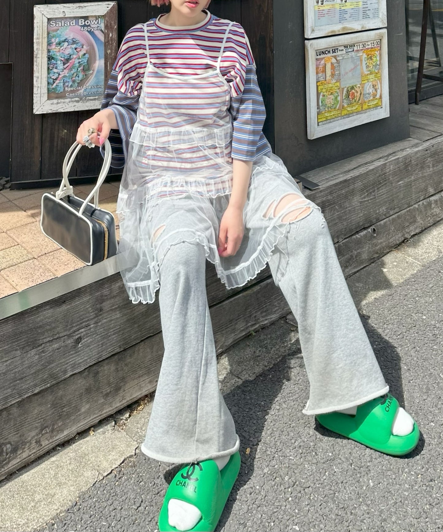 ダメージスウェパンとフレアスカートのセット【グレー】