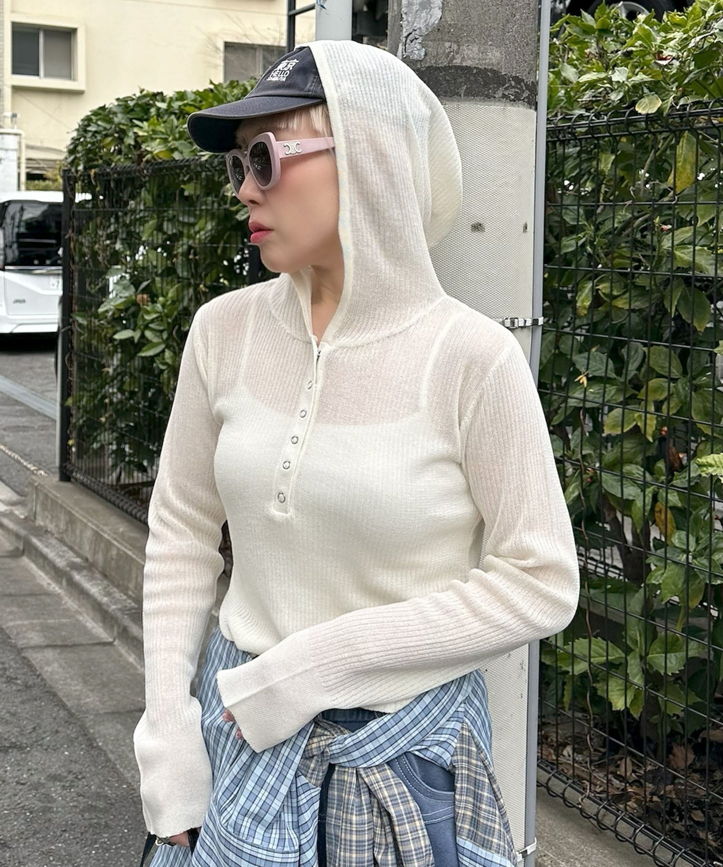 フード付シアーニットトップス【オフホワイト】