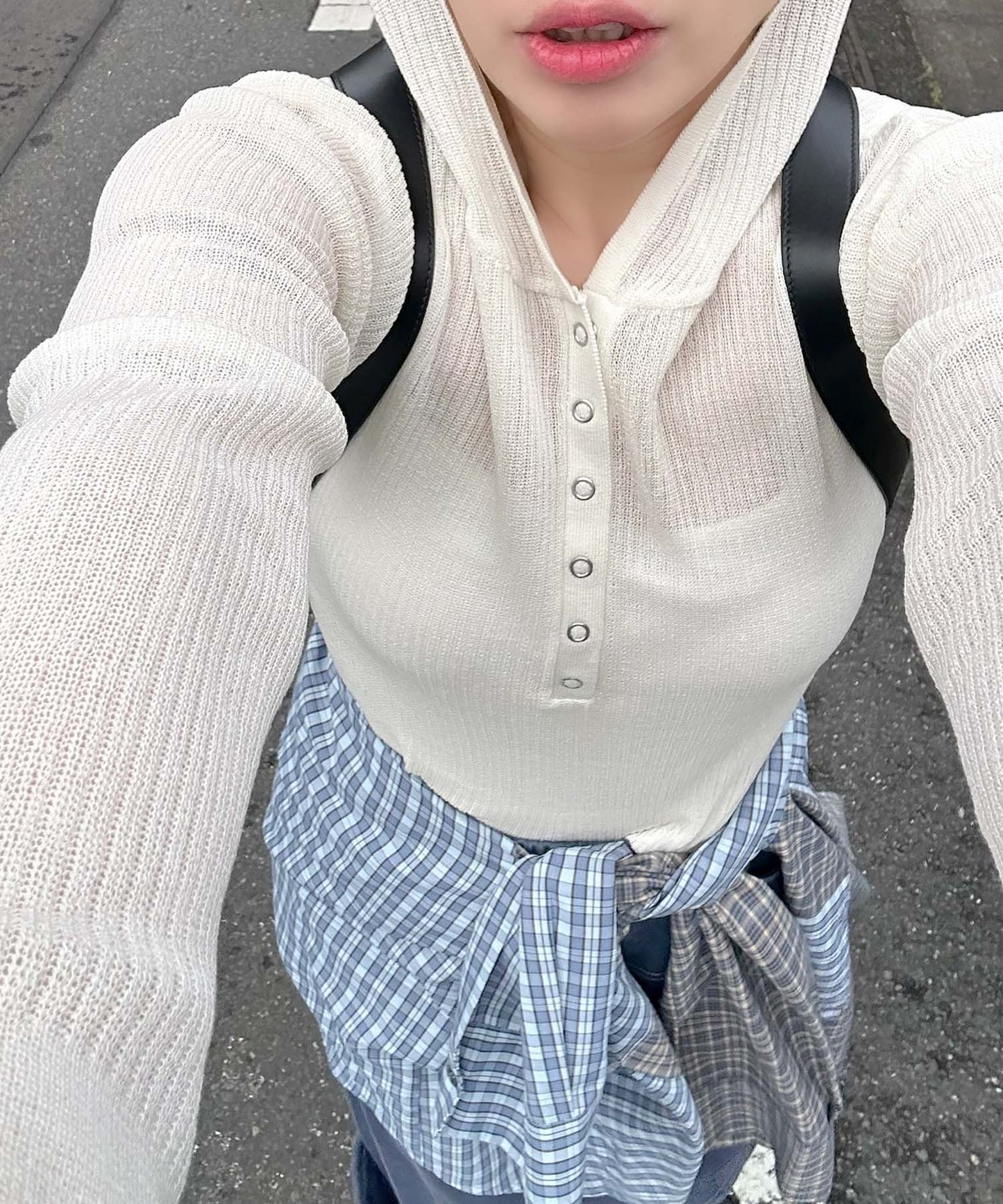 フード付シアーニットトップス【オフホワイト】