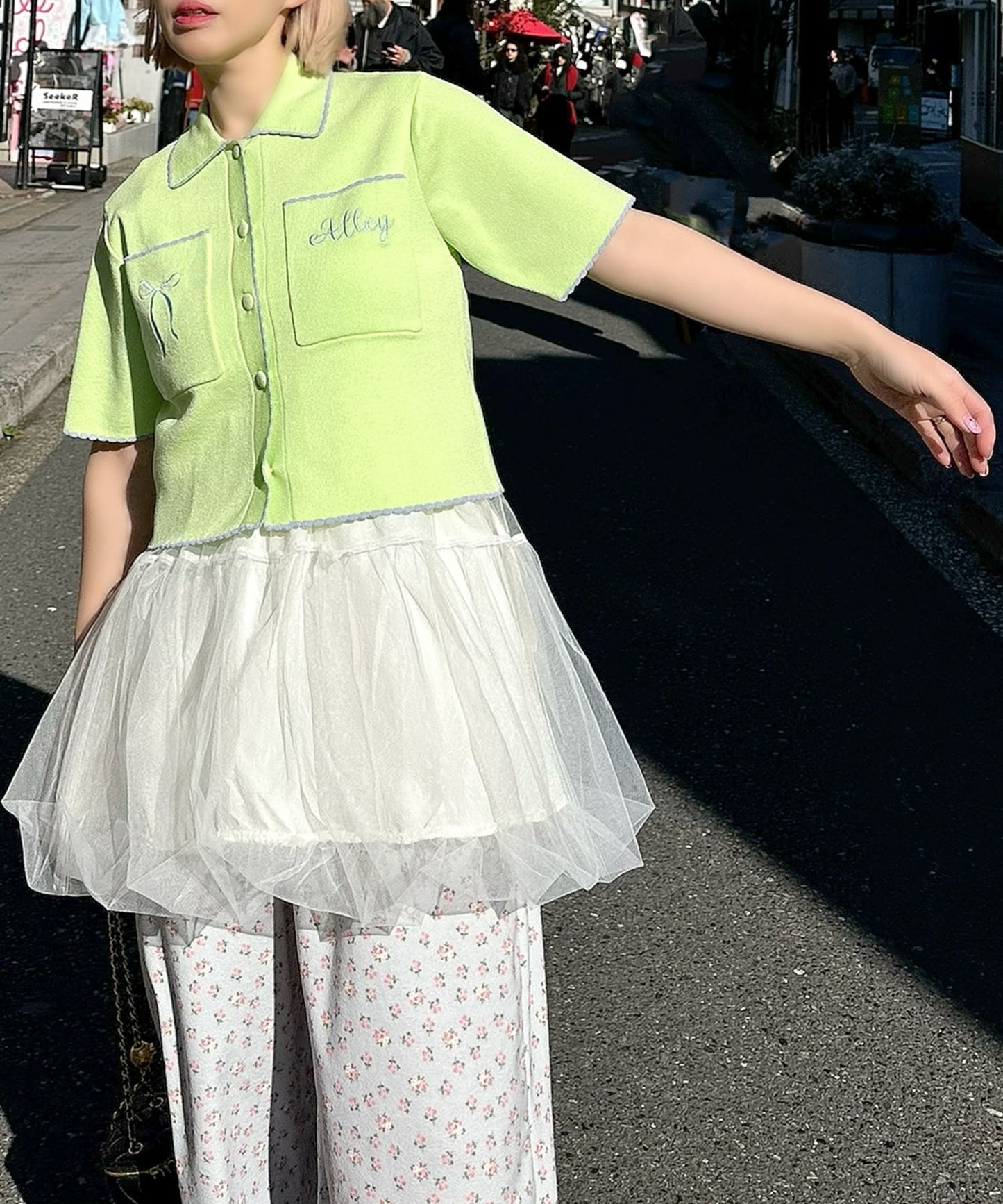 レトロなラメポロカーデ【ライム】