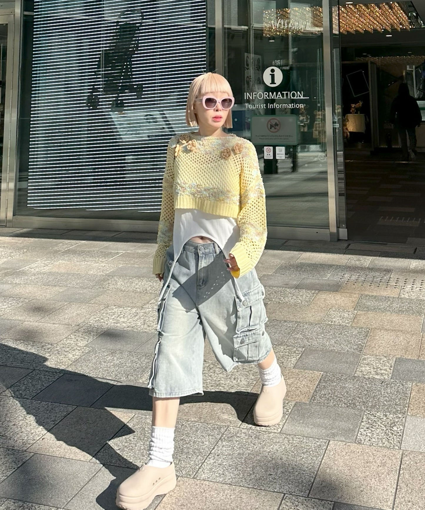 フラワーモチーフメッシュカラフルニット【イエロー】