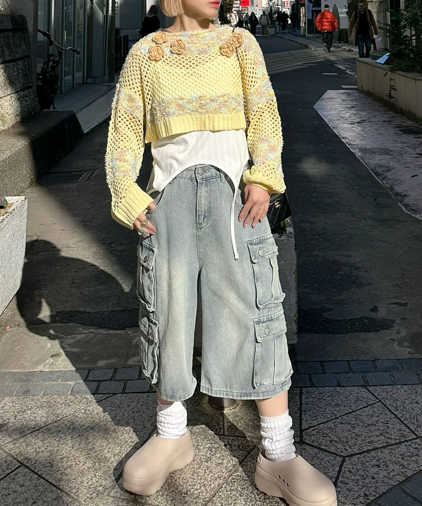 フラワーモチーフメッシュカラフルニット【イエロー】