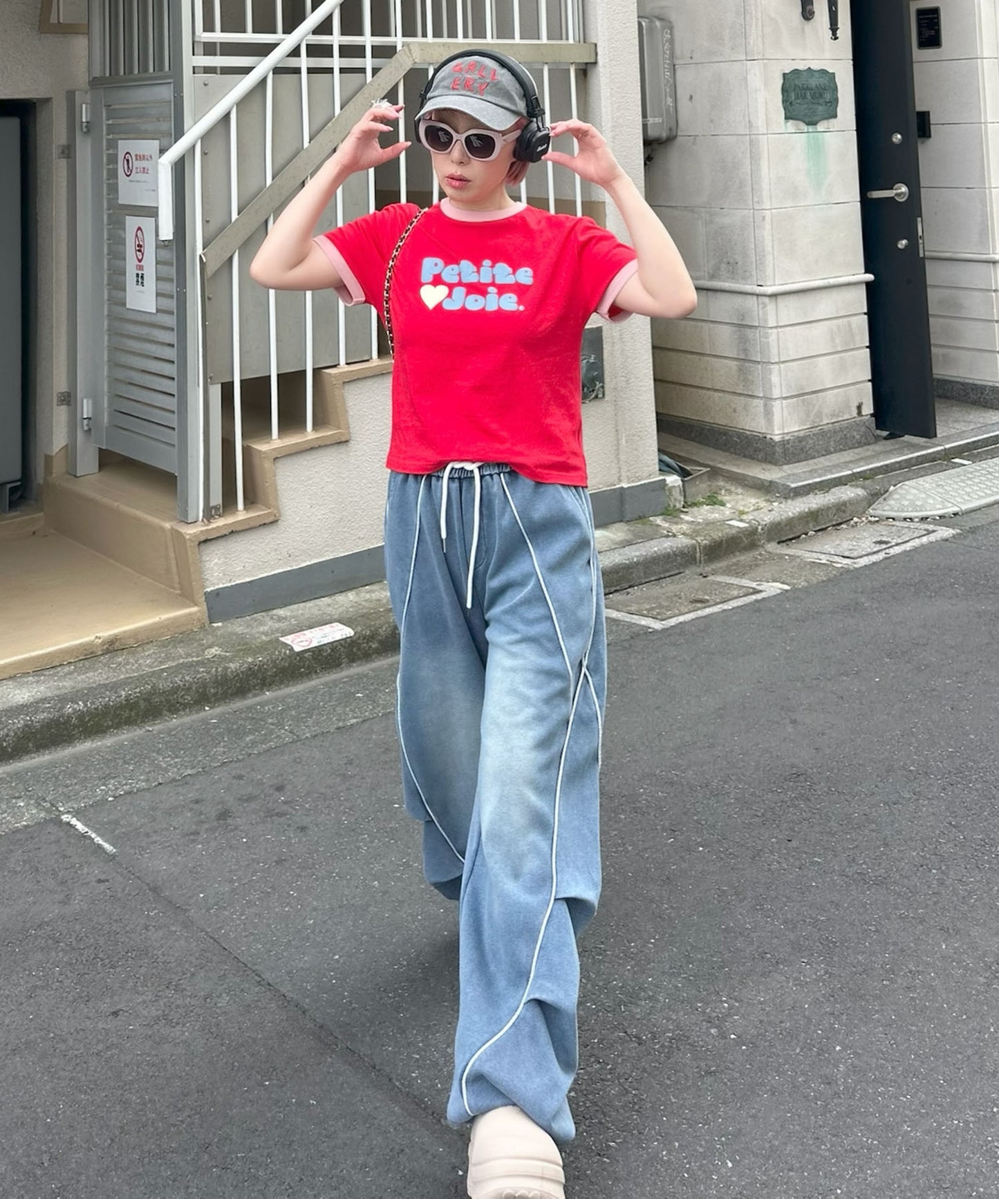 パイピングウォッシュ加工イージーパンツ【ブルー】