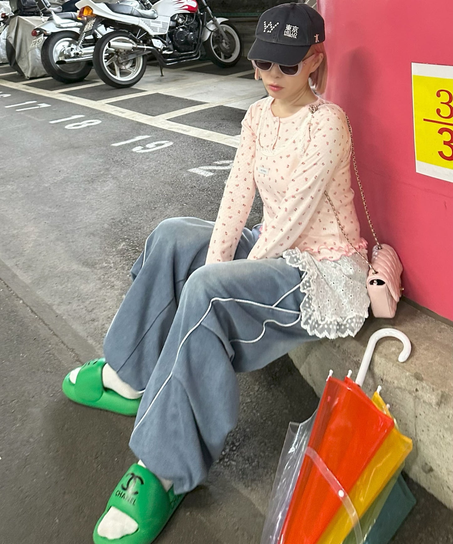 パイピングウォッシュ加工イージーパンツ【ブルー】