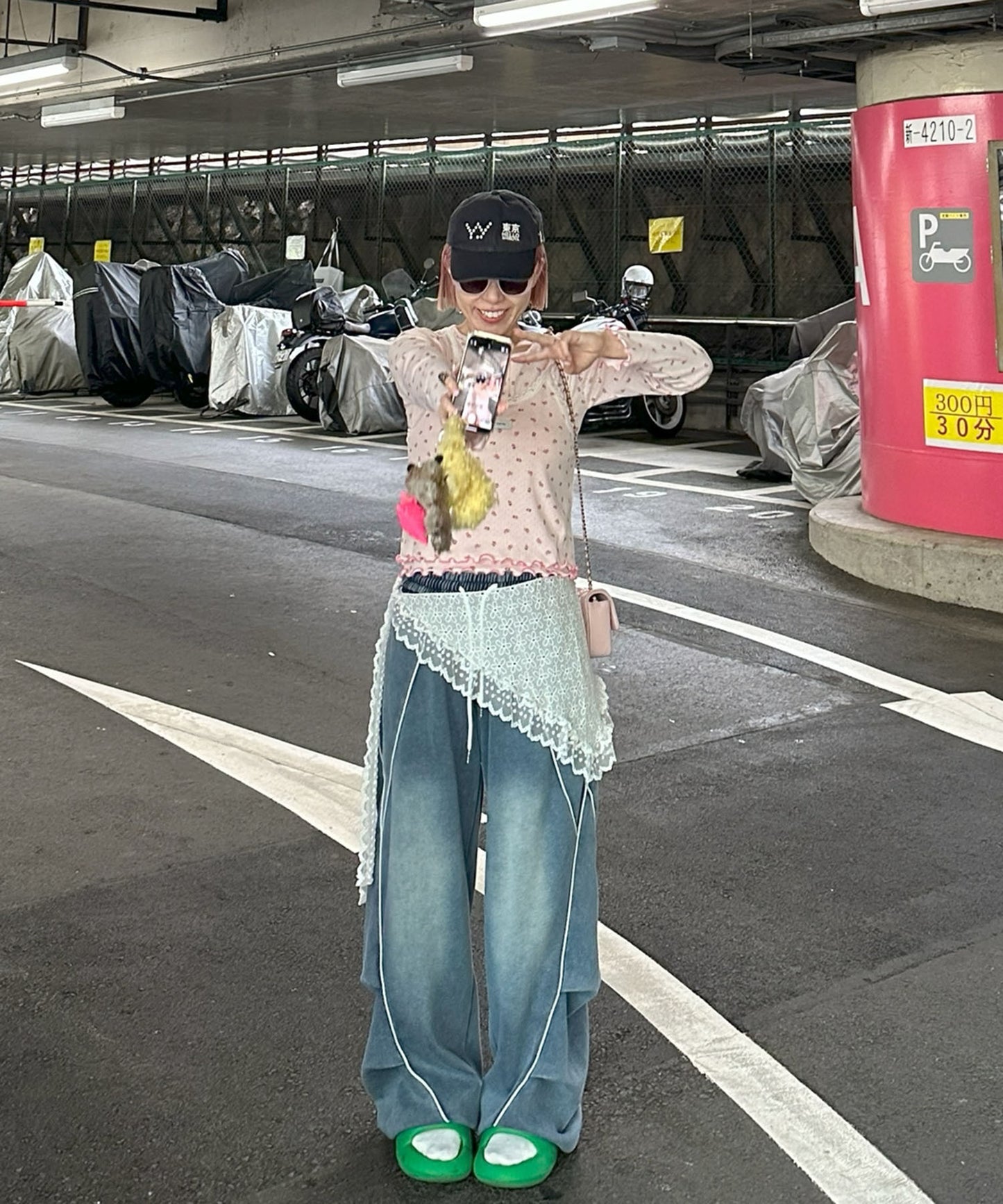 パターンメッシュのロンTキャミセット【ピンク】