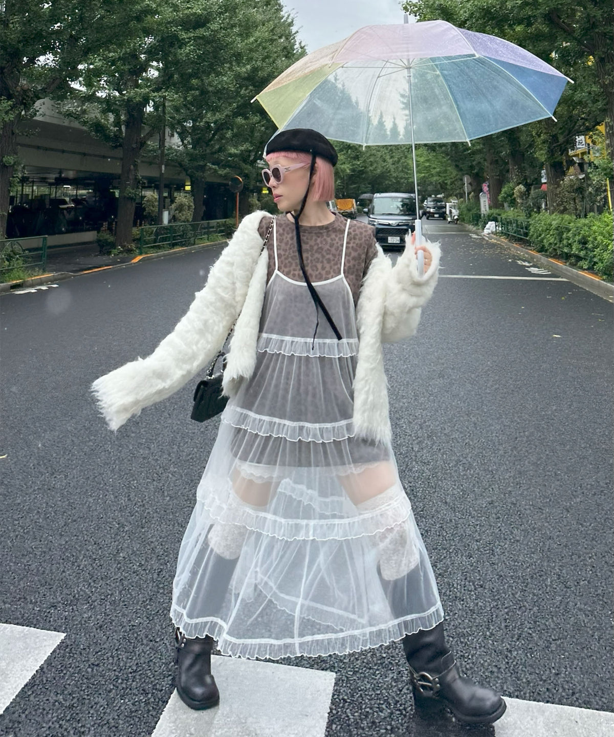 レオパード柄肩パッド付きBIGロンT【ブラウン】