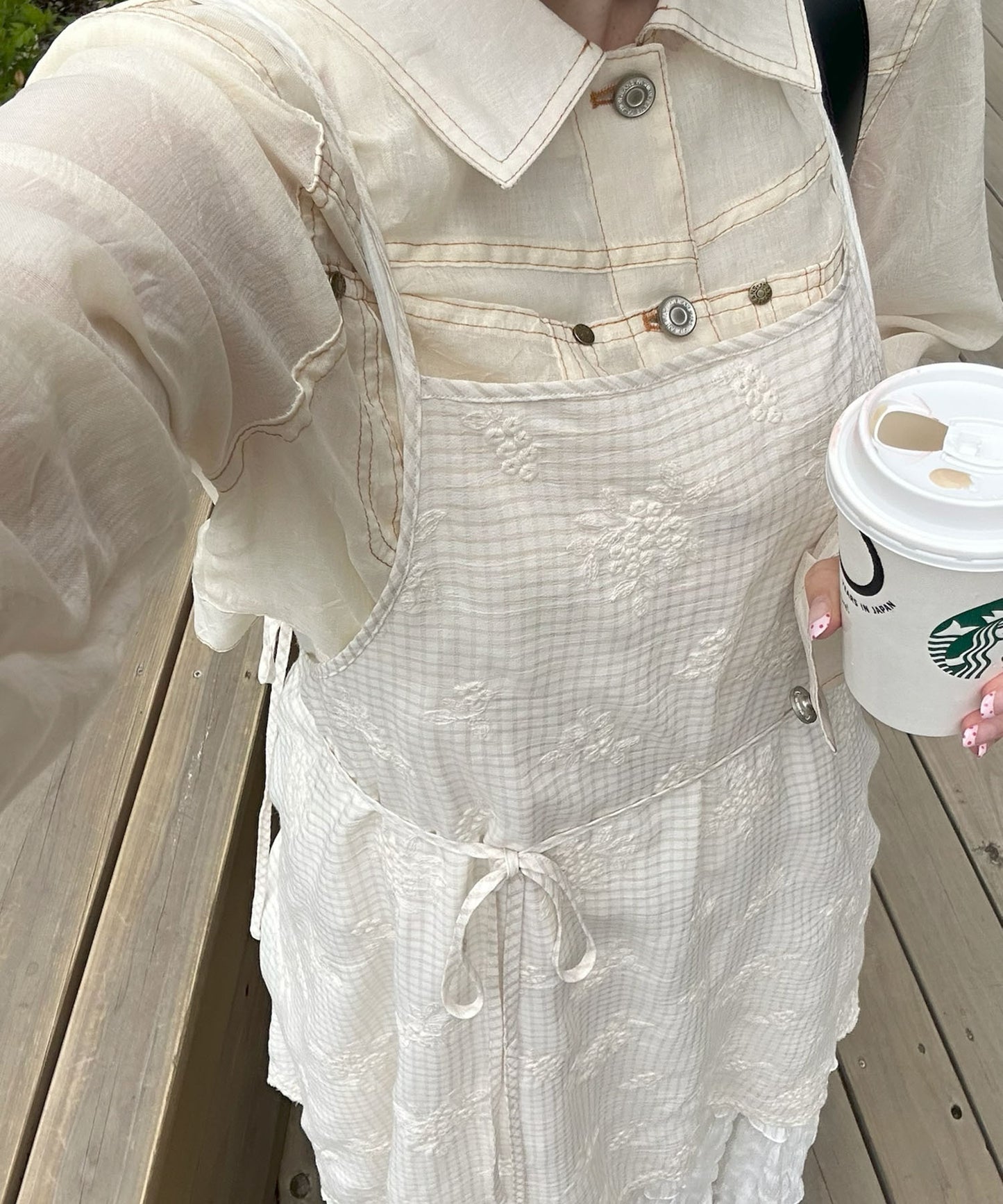 チェック＆刺繍スカラップ巻きエプロン【アイボリー】