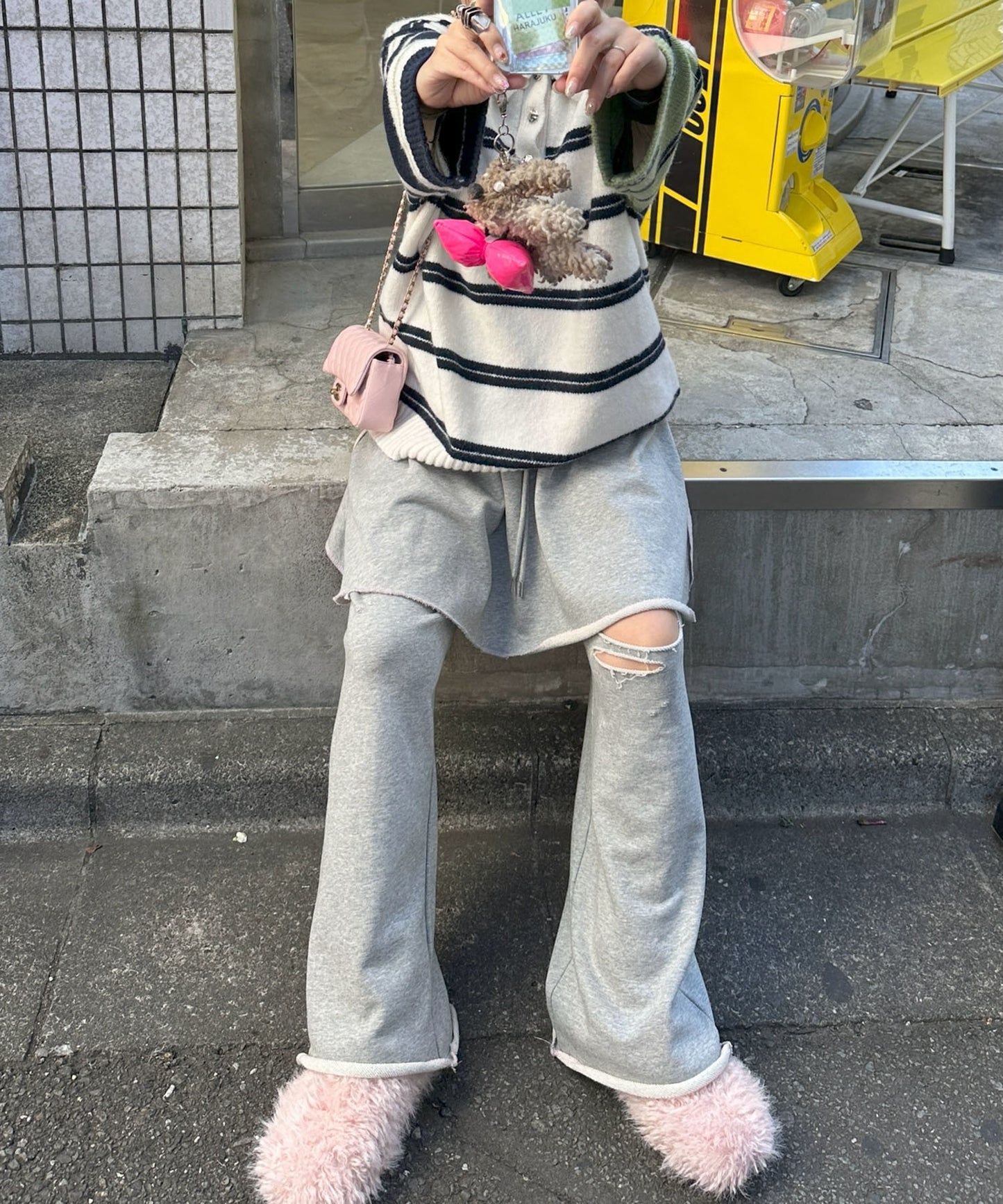 ダメージスウェパンとフレアスカートのセット【グレー】