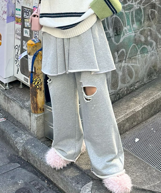 ダメージスウェパンとフレアスカートのセット【グレー】