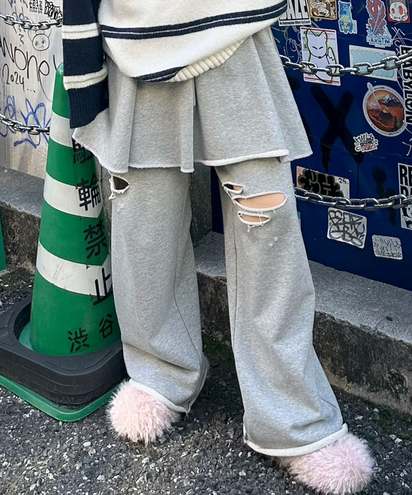 ダメージスウェパンとフレアスカートのセット【グレー】