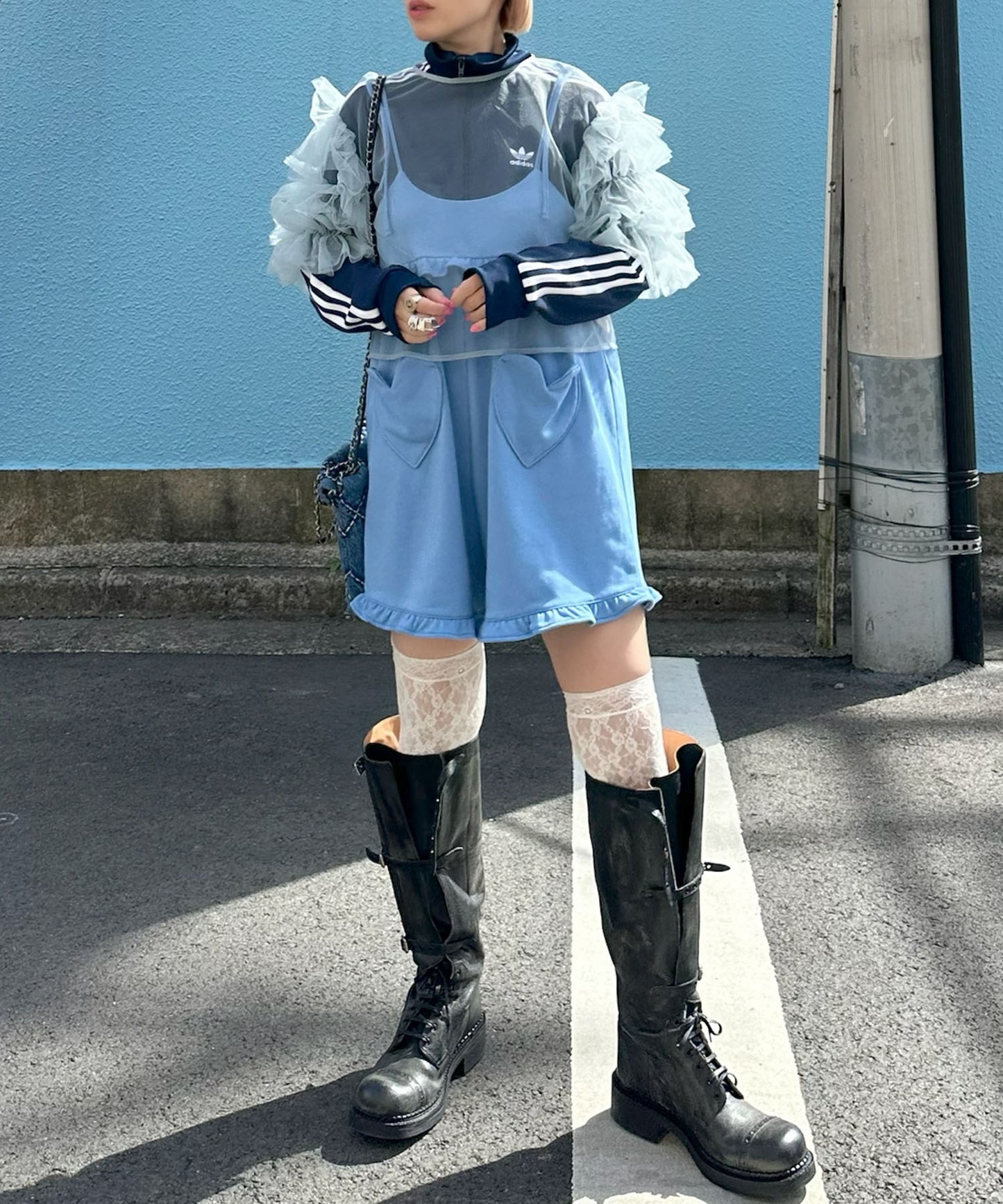 袖フリフリフラメンコシアーブラウス【サックスブルー】