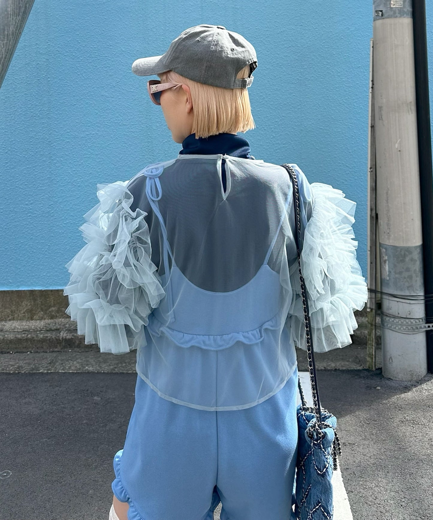 袖フリフリフラメンコシアーブラウス【サックスブルー】