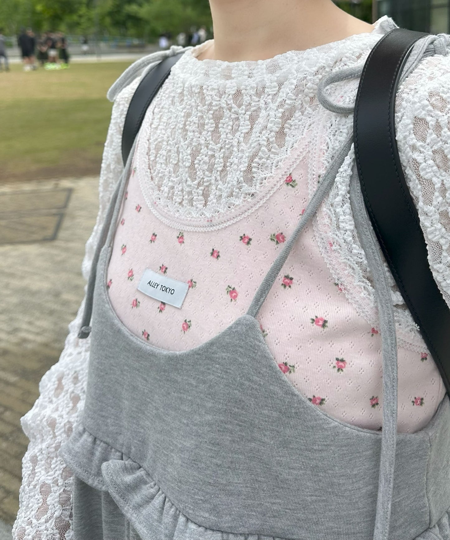 パターンメッシュのロンTキャミセット【ピンク】