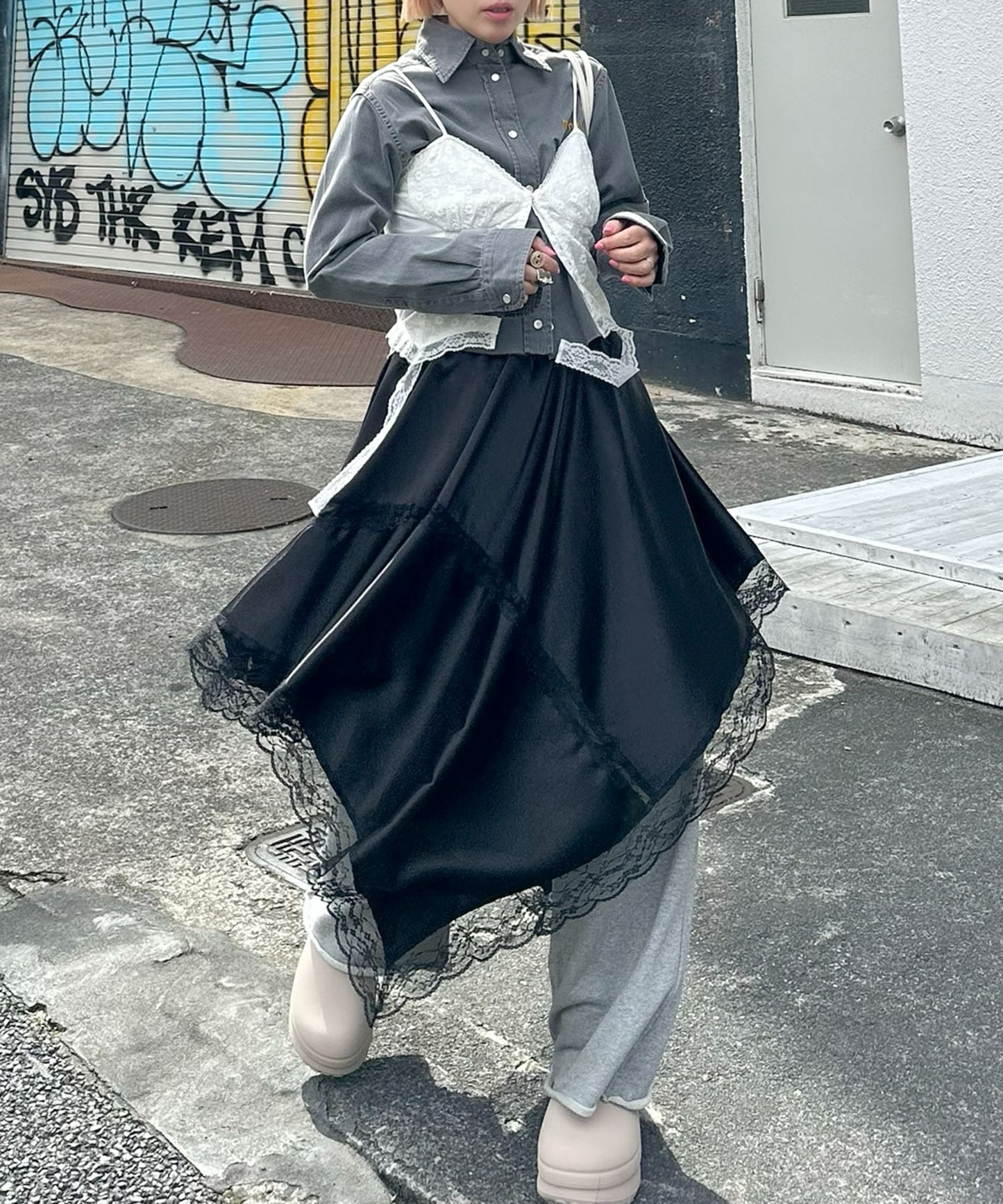 ドレープアシメスカート【ブラック】