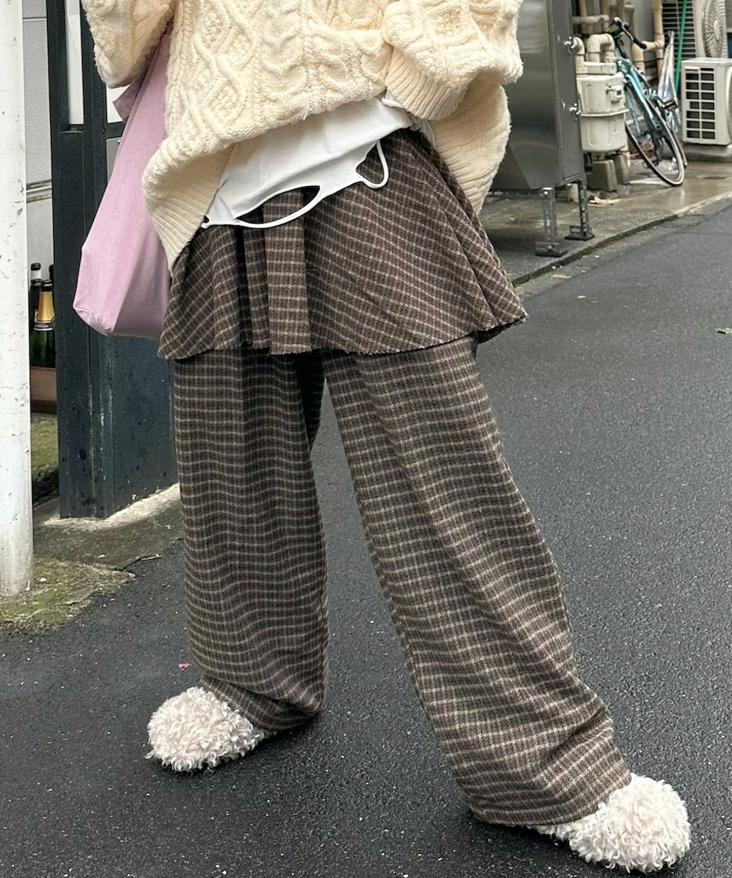 【セットにもなる！】チェック太パンツ【ブラウン】