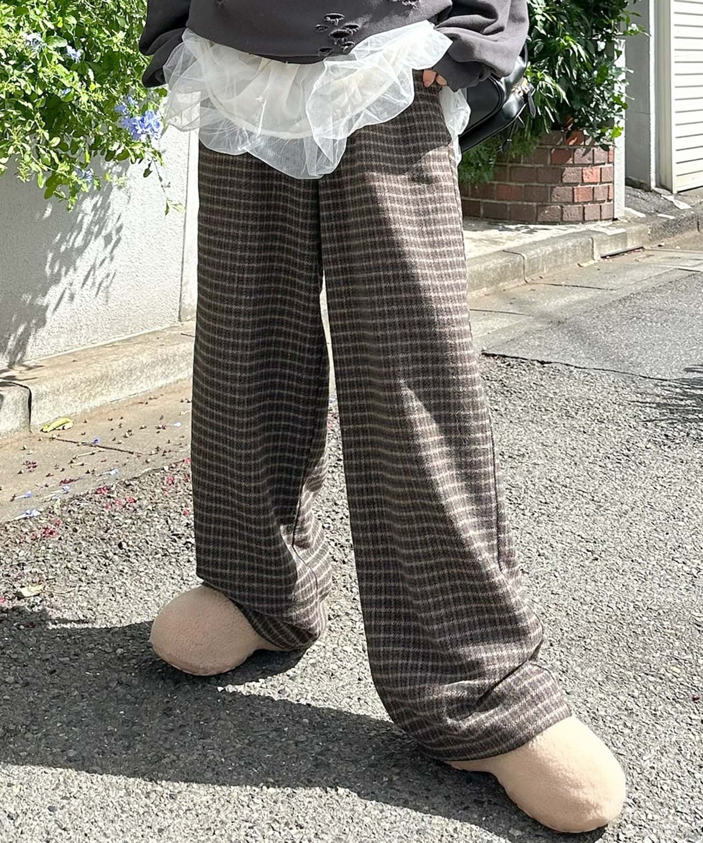 【セットにもなる！】チェック太パンツ【ブラウン】