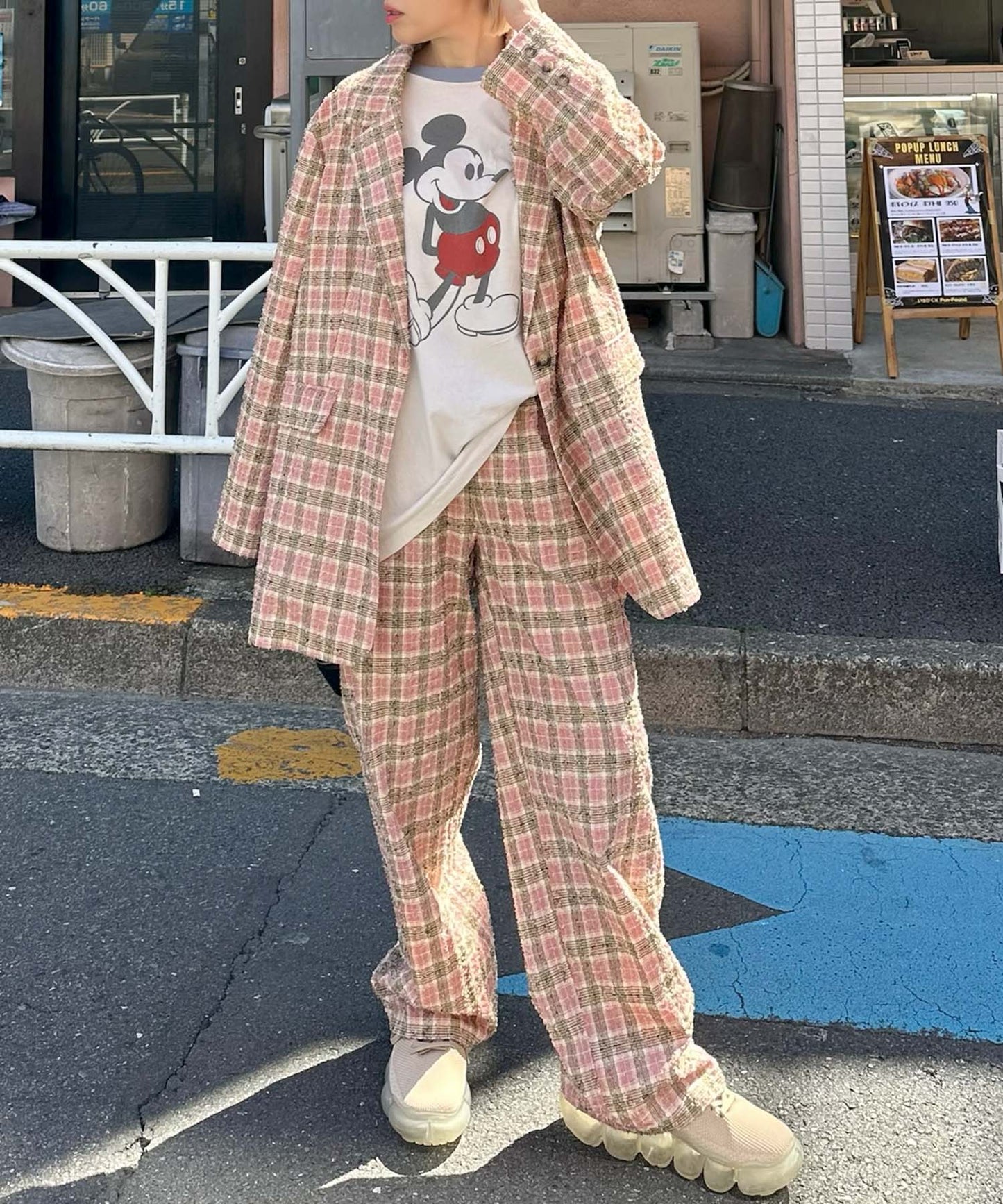 【セットアップで着られる】チェックイージーパンツ【ピンク】