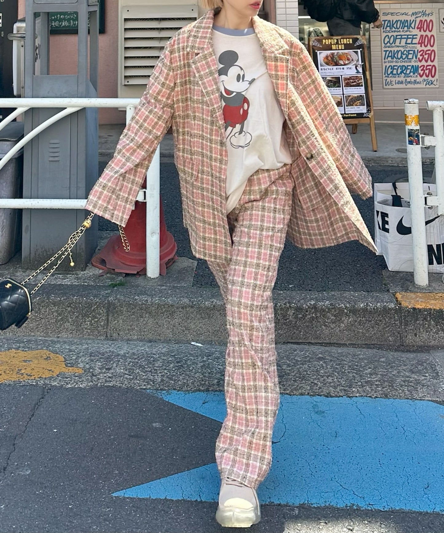 【セットアップで着られる】チェックイージーパンツ【ピンク】
