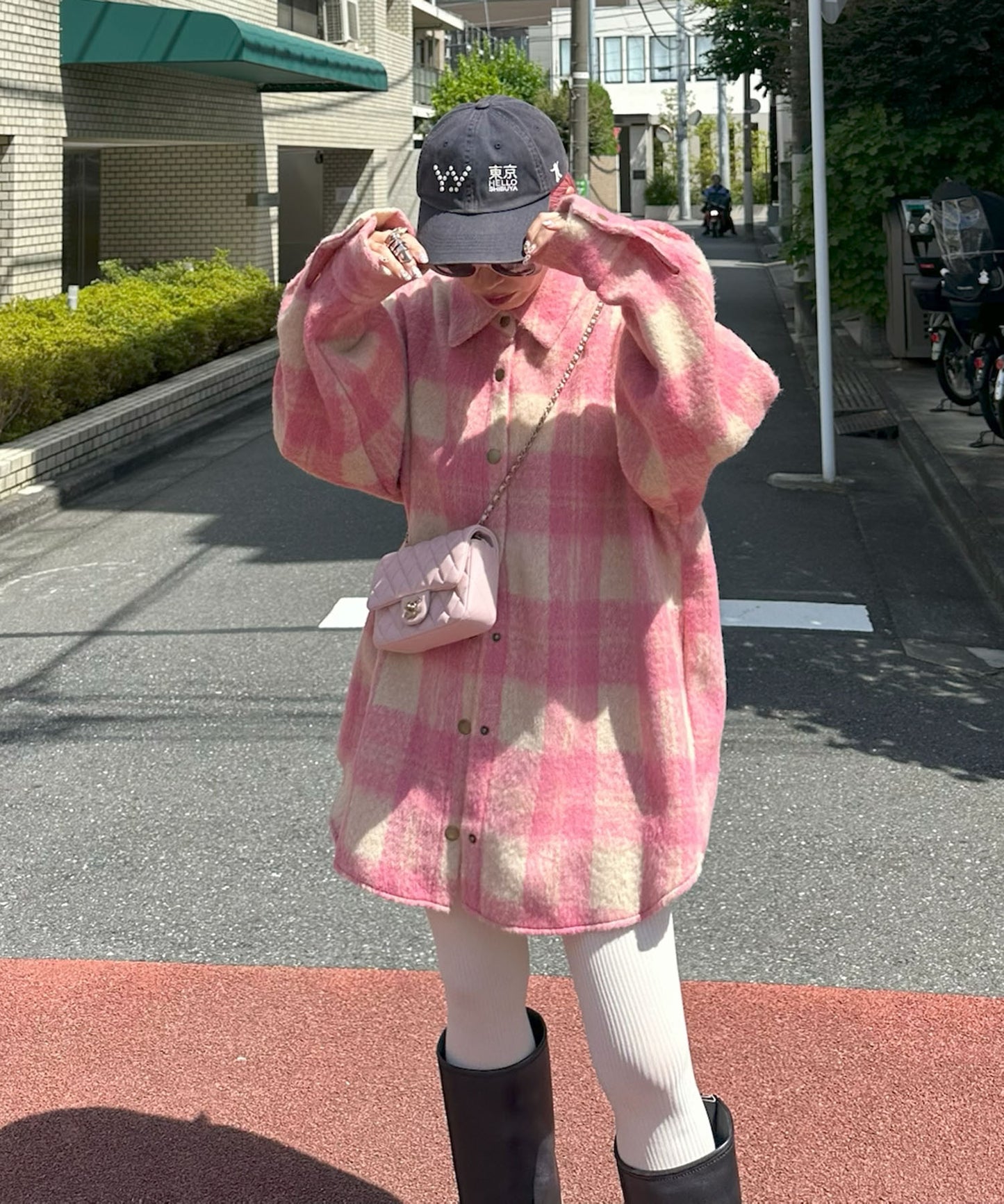 起毛チェックBIGシャツブルゾン【ピンク】