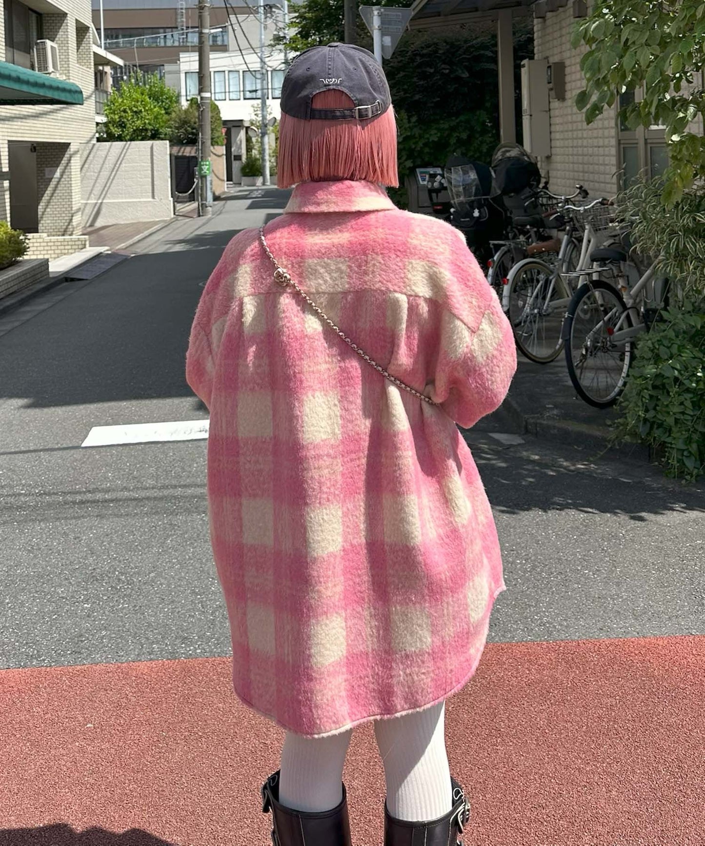 起毛チェックBIGシャツブルゾン【ピンク】