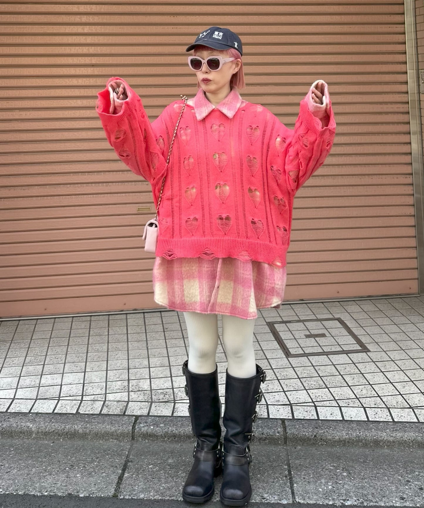 起毛チェックBIGシャツブルゾン【ピンク】