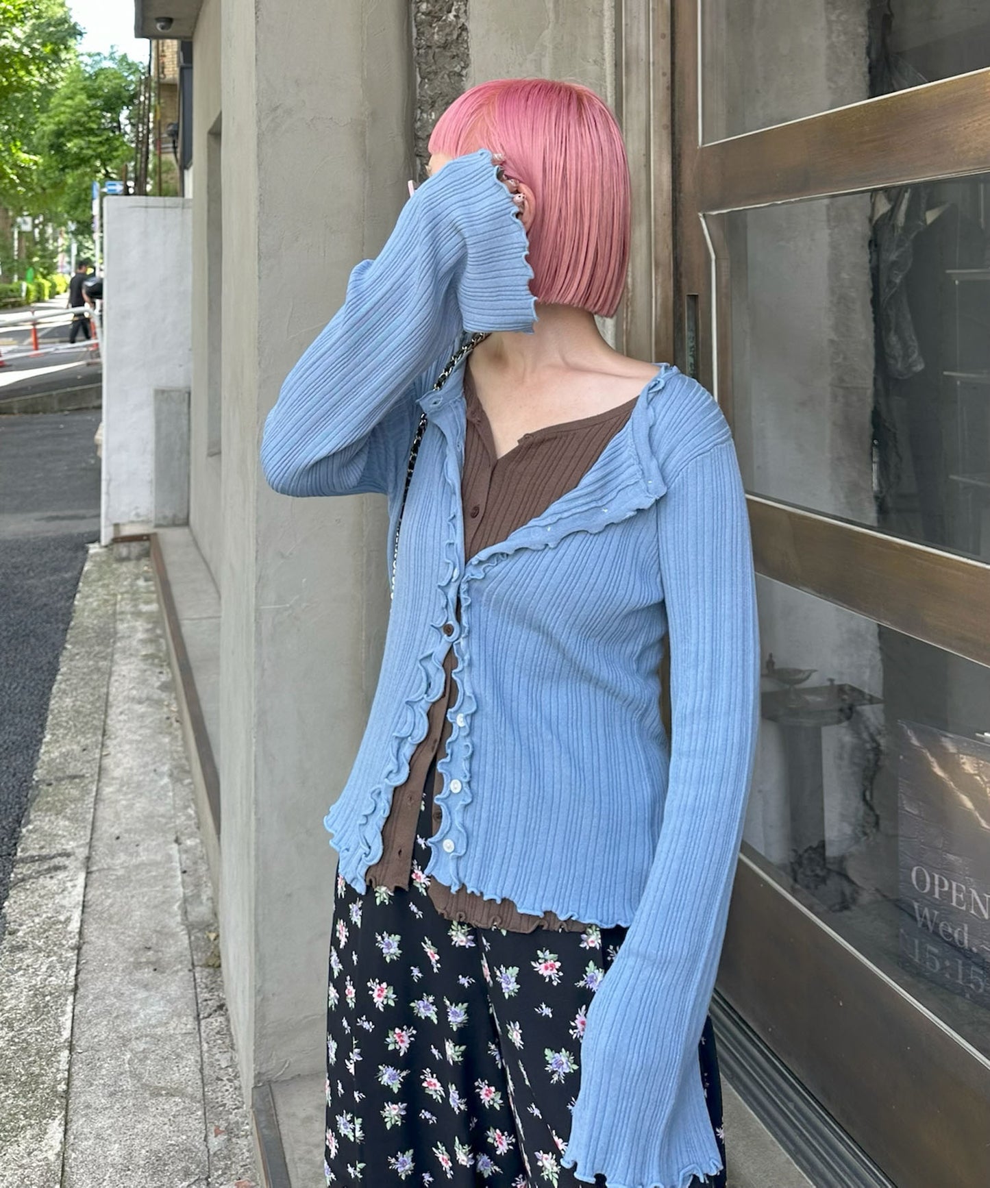 ふりふりいっぱいレイヤードしてる風カーデ【サックスブルー】